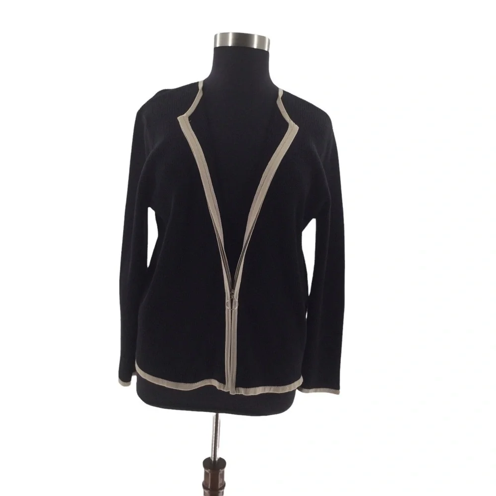 Lane Bryant Ribbed Crew Neck Black and Beige‎ Zip Front Cardigan